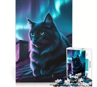 Puzzle da 1000 pezzi "Gatto sotto l'aurora boreale", antistress, divertente e spiritoso, ideale come decorazione da scrivania 50x75cm