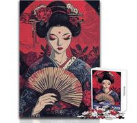 Puzzle da 1000 pezzi Geisha con ventaglio e luna rossa Gioco difficile e impossibile, adatto dai 14 anni in su (dimensioni 38x52cm)
