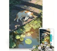 Puzzle da 1000 pezzi Il gatto sonnellino vicino allo stagno delle ninfee, giochi per famiglie, rilassante e stimolante per la mente, compleanno e Natale 38x52cm