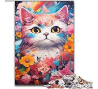 Puzzle da 1000 pezzi in legno raffigurante un gatto colorato con un fiore,idea regalo unica per decorare la casa fai da te,50x75cm,per adolescenti,decorazione fai da te perfetta e sfida stimolante