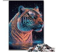 Puzzle da 1000 pezzi in legno raffigurante una tigre al neon, idea regalo per le feste, opera d'arte divertente, opera d'arte dettagliata 50x75cm per compleanni, vacanze, Natale, Halloween