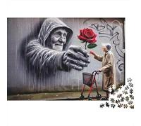 Puzzle da 1000 pezzi in scala di grigi con figura incappucciata e rosa rossa, arte di strada per adulti, gioco educativo, bellissima decorazione, difficile, stimolante, per compleanni, 38x26 cm
