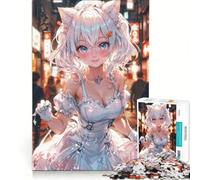 Puzzle da 1000 pezzi "Incantevole ragazza gatto nella notte in città", gioco interattivo, allena la mente e la mano, con pezzi a incastro di forma casuale 38x26cm