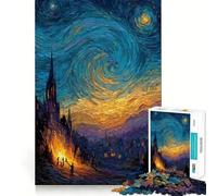 Puzzle da 1000 pezzi ispirato al dipinto "Notte stellata" con villaggio, per adulti, gioco rilassante e di concentrazione, con bordi precisi, regalo perfetto 50x75cm