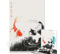 Puzzle da 1000 pezzi "La carpa e il gatto" in inchiostro sumi-e per adulti, gioco di logica, divertimento in casa, bordi precisi, oggetto da collezione 38x26cm
