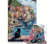 Puzzle da 1000 pezzi "La vista di un gatto su una città costiera" per adolescenti,ideale per allenare la memoria,alleviare lo stress,divertirsi,avere bordi netti e creare un regalo perfetto (38x52cm)