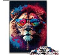 Puzzle da 1000 pezzi Leone colorato con occhiali in legno, idea regalo per le feste, opera d'arte umoristica, opera d'arte dettagliata 50x75cm per compleanno, festa, Natale, Halloween