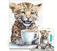 Puzzle da 1000 pezzi Leopardo all'ora del caffè decorazione da parete sfida impegnativa compleanno e Natale 50x75cm