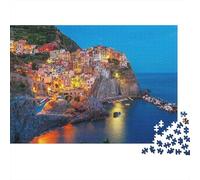 Puzzle da 1000 pezzi "Luci del villaggio costiero", villaggio sulla scogliera illuminato di notte, gioco educativo per adulti, bellissima decorazione, sfida di alta difficoltà, compleanno, 38x26cm