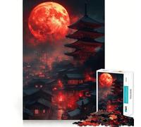 Puzzle da 1000 pezzi Luna rossa su un villaggio giapponese per ragazzi, gioco intelligente per interni, taglio preciso, (38x52cm)