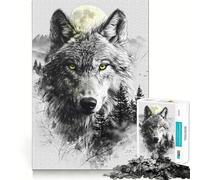 Puzzle da 1000 pezzi "Lupo a doppia esposizione e luna" per adulti,gioco di potenziamento mentale,taglio laser per un incastro perfetto,divertimento in famiglia,attività serale (50x75cm)