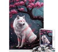 Puzzle da 1000 pezzi Lupo bianco sotto un albero di ciliegio in fiore Decorazione per la casa Giocattoli Ottimi regali e giocattoli Gioco pratico Decompressione intellettuale Dimensioni 50x75cm