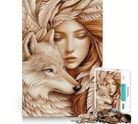 Puzzle da 1000 pezzi "Lupo e donna con piume" per adulti,divertente attività di allenamento mentale,taglio laser di alta qualità,rilassante,ideale per attività di gruppo al chiuso (50x75cm)