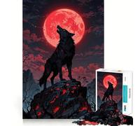 Puzzle da 1000 pezzi "Lupo nero che ulula alla luna rossa",con bordi senza soluzione di continuità Gioco stimolante per la mente,ideale per momenti di svago e come regalo di Natale 50x75cm