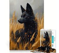 Puzzle da 1000 pezzi "Lupo nero in un campo di grano dorato",pezzi a incastro,gioco divertente e rilassante,ideale per decorazioni natalizie 38x52cm
