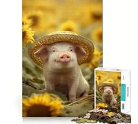 Puzzle da 1000 pezzi "Maialino nel campo di girasoli con cappello" per ragazzi, gioco di logica stimolante, evasione rilassante, bordi trasparenti, regalo di compleanno (50x75cm)