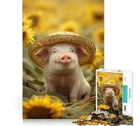 Puzzle da 1000 pezzi "Maialino nel campo di girasoli con cappello" per ragazzi, gioco mentale, momento di relax, taglio di alta qualità, regalo artistico (38x52cm)