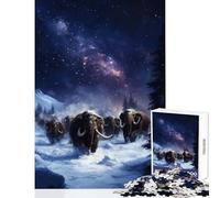 Puzzle da 1000 pezzi Mammut lanosi sotto il cielo notturno Decorazione per la casa Giocattoli Ottimo regalo Giochi educativi con poster abbinato e foglio di quiz Dimensioni 38x26cm