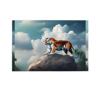 Puzzle da 1000 pezzi Mjhkxlj Majestic Tiger appoggiato su una roccia con cielo nuvoloso Puzzle in legno di qualità per adulti e bambini, puzzle divertenti, puzzle per alleviare lo stress
