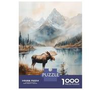 Puzzle Da 1000 Pezzi Moose in Mountain Landscape Watercolor Puzzle Per Adulti Gioco Rompicapo Decorazione Perfetta Regali Unici Per Compleanno E Natale 38x26cm/1000pcs