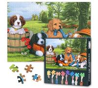 Puzzle da 1000 pezzi, motivo: cucciolo allegro in giardino fiorito, arte con tavola puzzle di alta qualità, puzzle di paesaggio, 70 x 50 cm