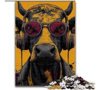 Puzzle da 1000 pezzi Mucca che ascolta musica Puzzle in legno per adulti 50X75cm per adolescenti e famiglie, perfetto come decorazione fai da te e sfida rompicapo