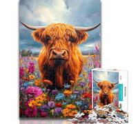 Puzzle da 1000 pezzi "Mucca delle Highlands e fiori" per adulti e adolescenti, allena il cervello e le mani, regalo per amici e familiari, 50x75cm