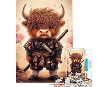 Puzzle da 1000 pezzi - Mucca delle Highlands Samurai con fiori di ciliegio Difficile e stimolante ma divertente e umoristico Gioco impossibile per ragazzi dai 14 anni in su (38x26cm)
