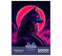 Puzzle Da 1000 Pezzi Neon Wolf with Red Moon Puzzle Per Adulti Giochi Rilassanti Sfida Difficile Divertimento A Casa Attività, 38x26cm/1000pcs