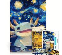 Puzzle da 1000 pezzi "Notte stellata, axolotl e birra" per adolescenti, gioco di abilità mentale, design accogliente e rilassante, regalo pensato per il tempo libero 38x52cm