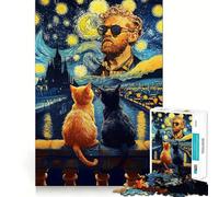 Puzzle da 1000 pezzi "Notte stellata con gatti e opere di Vincent Van Gogh" per ragazzi, ideale per giocare in casa, con motivo di memoria e decorazioni natalizie Dimensioni 50x75cm
