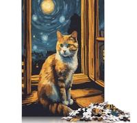Puzzle da 1000 pezzi "Notte stellata con gatto" per adulti, difficoltà: rafforza i rapporti tra i membri della famiglia (38x26 cm)