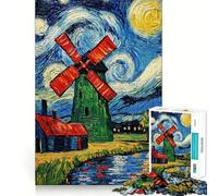 Puzzle da 1000 pezzi "Notte stellata con mulino a vento" per adolescenti, gioco stimolante per la mente, ideale per il relax, con tagli precisi e decorazioni artistiche 38x26cm