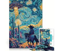 Puzzle da 1000 pezzi "Notte stellata, cowboy, rapimento UFO" per adolescenti, gioco di fantasia, divertimento condiviso, bordi precisi, articolo regalo di Babbo Natale 50x75cm