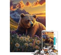 Puzzle da 1000 pezzi "Orso grizzly tra i fiori selvatici al tramonto" per ragazzi Difficile ogni pezzo è unico Giocattolo educativo 50x75cm