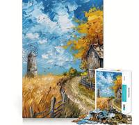 Puzzle da 1000 pezzi Paesaggio autunnale con mulino a vento e fienile Taglio liscio Gioco di logica Regalo Rilassante Momento di gioco Opera d'arte natalizia (38x26cm)