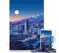 Puzzle da 1000 pezzi Paesaggio urbano notturno con montagne e luna,pezzi ben definiti,sfida mentale,divertimento e relax,opera d'arte natalizia (50x75cm)