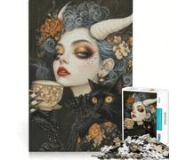Puzzle da 1000 pezzi per adolescenti a tema Witchcore Tea Time con gatto nero come famiglio gioco interattivo sfida impegnativa compleanno 38x26cm