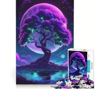 Puzzle da 1000 pezzi per adolescenti: Albero al neon fantasy sotto una luna viola, giocattolo educativo, sfida impegnativa, ideale come regalo 38x52cm