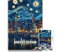 Puzzle da 1000 pezzi per adolescenti, Amsterdam, Paesi Bassi, Notte stellata, Divertimento in famiglia e serata di giochi, Sfida difficile, Ottimo regalo, Dimensioni 38x52cm