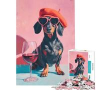 Puzzle da 1000 pezzi per adolescenti bassotto con berretto e vino Gioco pratico che stimola l'intelligenza e crea dipendenza Ottimo regalo per donne (dimensioni 38x52cm)