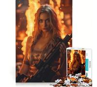 Puzzle da 1000 pezzi per adolescenti, bella bionda, fucile, fuoco, giochi educativi, allena la mente e le mani, collezione d'artista, belle arti 38x26cm