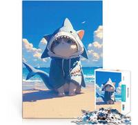 Puzzle da 1000 pezzi per adolescenti Carino Anime Squalo Gatto Spiaggia Difficile e sfidante con poster abbinato e foglio di quiz 38x26cm