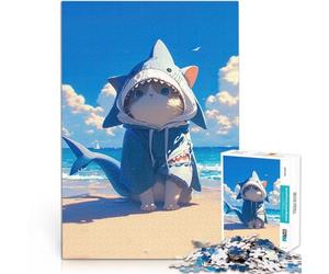 Puzzle da 1000 pezzi per adolescenti Carino Anime Squalo Gatto Spiaggia Difficile e sfidante con poster abbinato e foglio di quiz 38x26cm