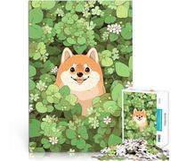 Puzzle da 1000 pezzi per adolescenti Carino e fortunato Shiba Inu in trifoglio Gioco rompicapo con poster abbinato e foglio di quiz 75x50cm