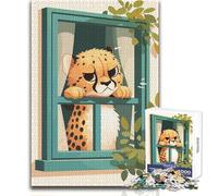 Puzzle da 1000 pezzi per adolescenti, cartone animato, ghepardo che guarda fuori dalla finestra, gioco di sfida unico ma divertente e umoristico, opera d'arte regalo, dimensioni 50x75cm