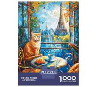 Puzzle Da 1000 Pezzi Per Adolescenti Cat with Eiffel Tower View Painting Puzzle Giochi Rilassanti Ma Divertenti E Spiritosi Regalo Di Compleanno, Regali, 52x38cm/1000pcs