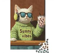 Puzzle Da 1000 Pezzi Per Adolescenti Chill Cat with Bubble Tea Puzzle Per Adulti Giochi Rilassanti Taglio Di Precisione Regali Di Natale E Compleanno 52x38cm/1000pcs