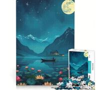 Puzzle da 1000 pezzi per adolescenti con barca sul lago al chiaro di luna e ninfee gioco rilassante antistress intellettuale compleanno e altre occasioni 38x26cm