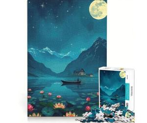 Puzzle da 1000 pezzi per adolescenti con barca sul lago al chiaro di luna e ninfee gioco rilassante antistress intellettuale compleanno e altre occasioni 38x26cm